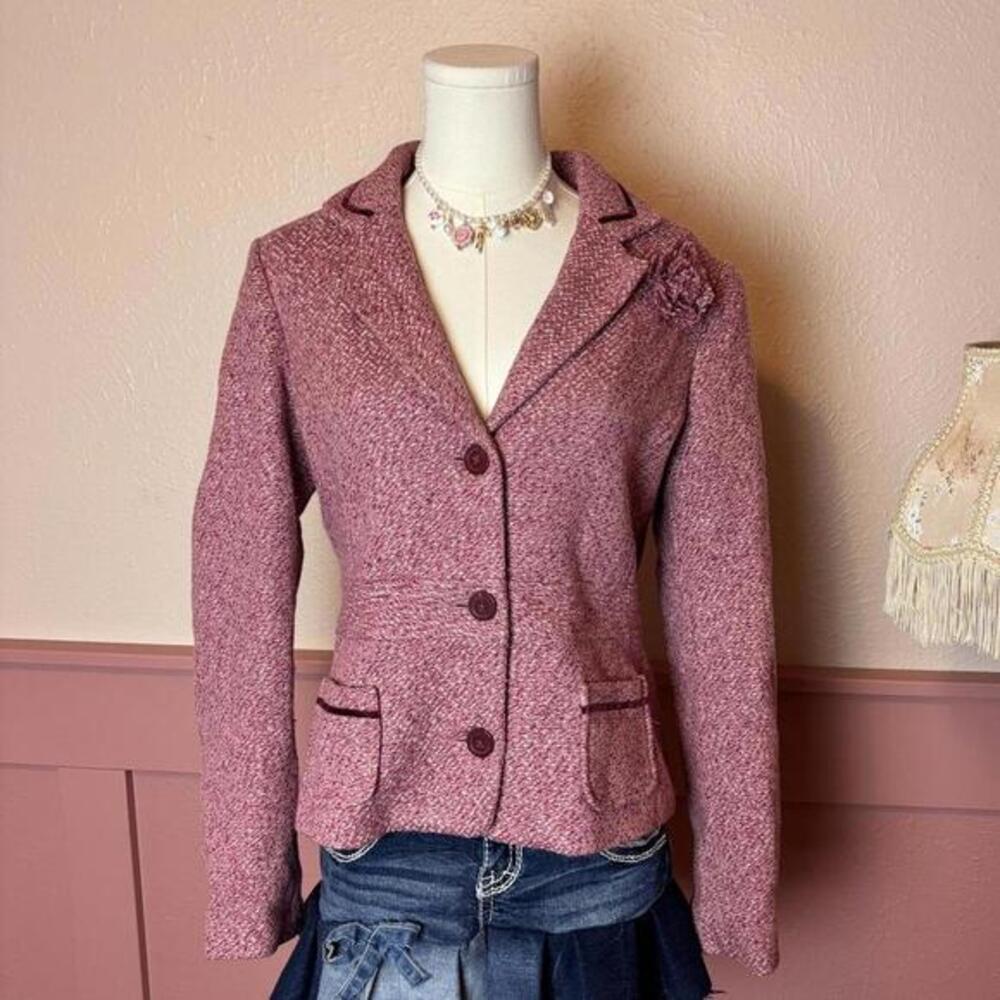 vtg coquette rosette tweed wool blend blazer  old navy sz medium pink girly